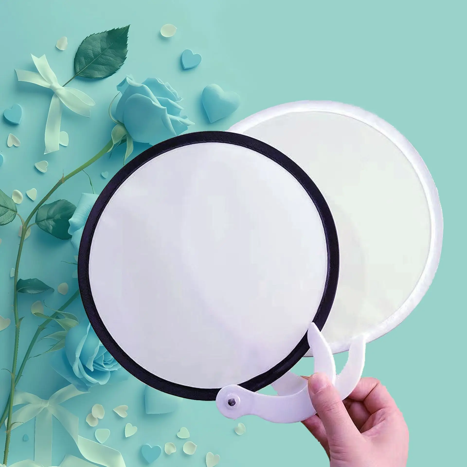 Custom UV Printing Logo Summer Cheap Nylon Round Fan Handheld With Pouch Pocket