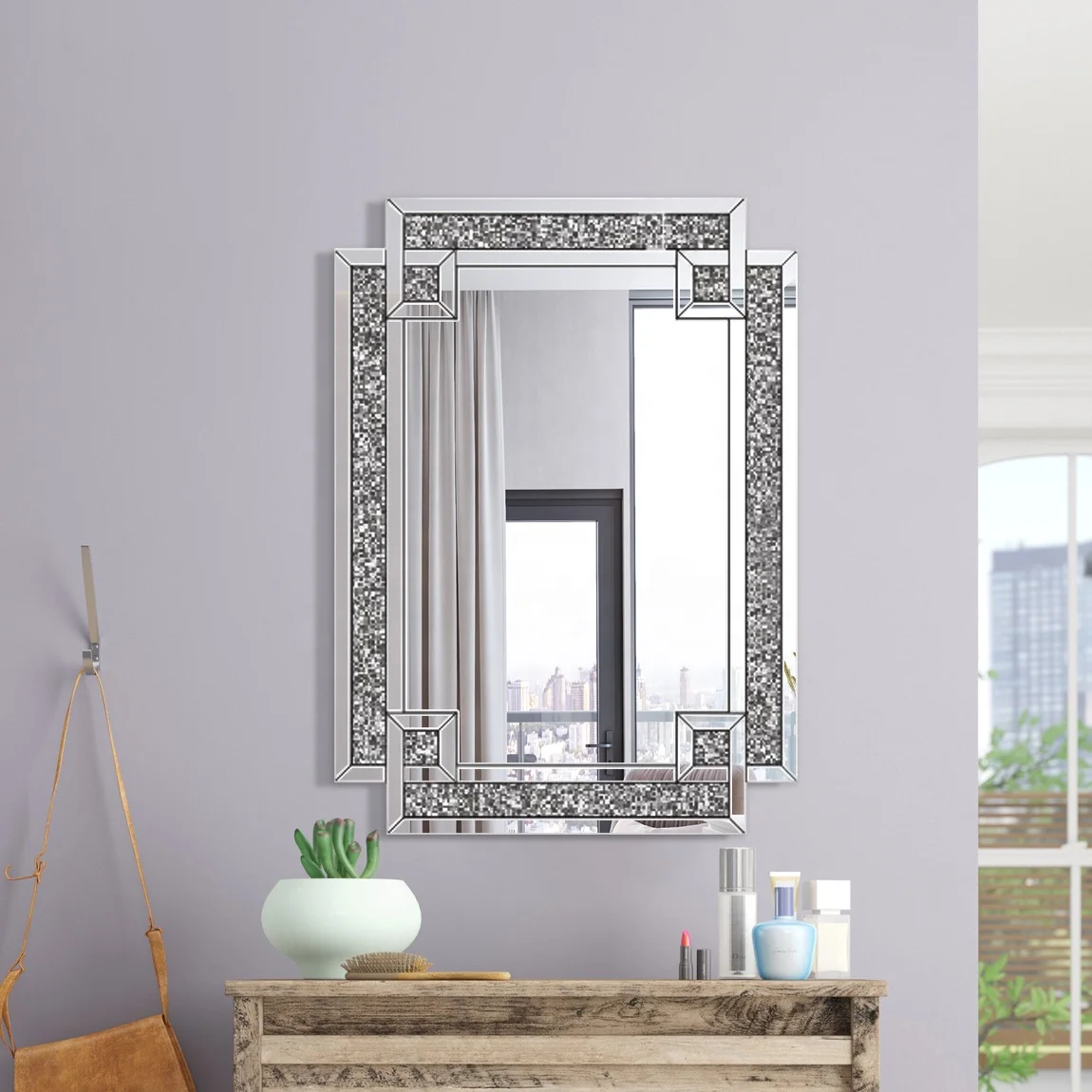 New Style Modern Luxury Home Decor Rectangle Framed Crushed Diamond Wall Mirror