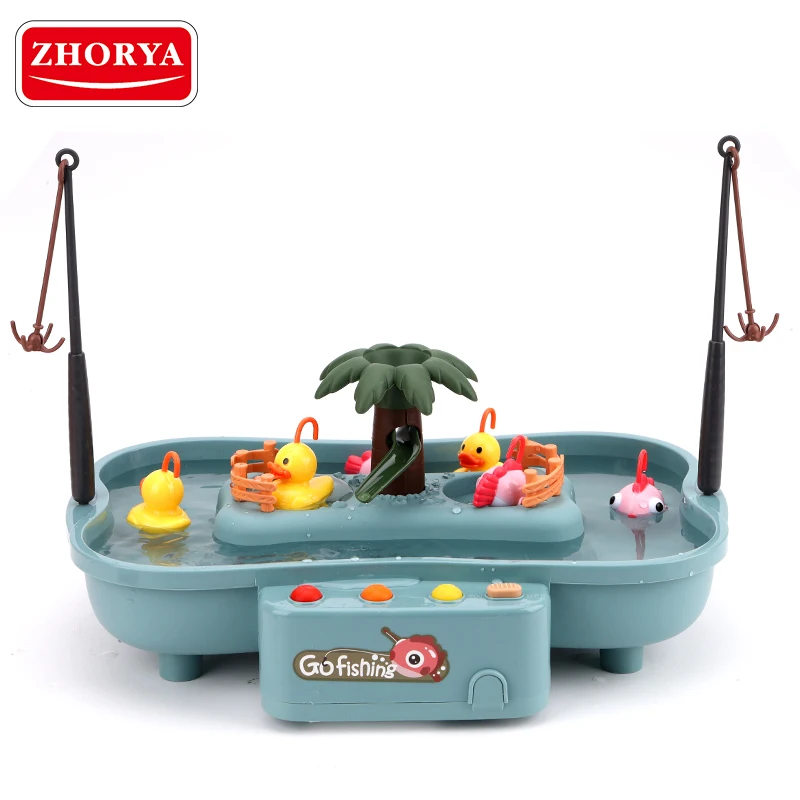 Zhorya kids baby plastic ABS fish set electric rotating board game toys fishing rod toy with light and music