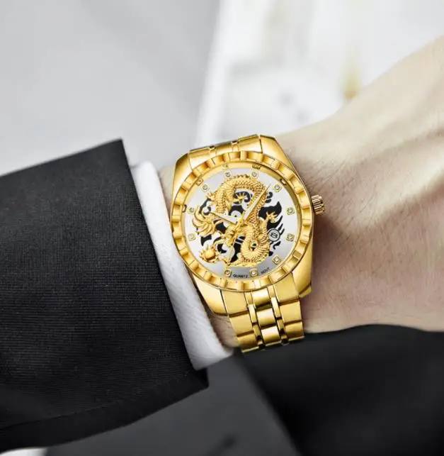 New Golden Mens Watches Top Brand Luxury Chinese Dragon Watch Business Full Steel Quartz Clock