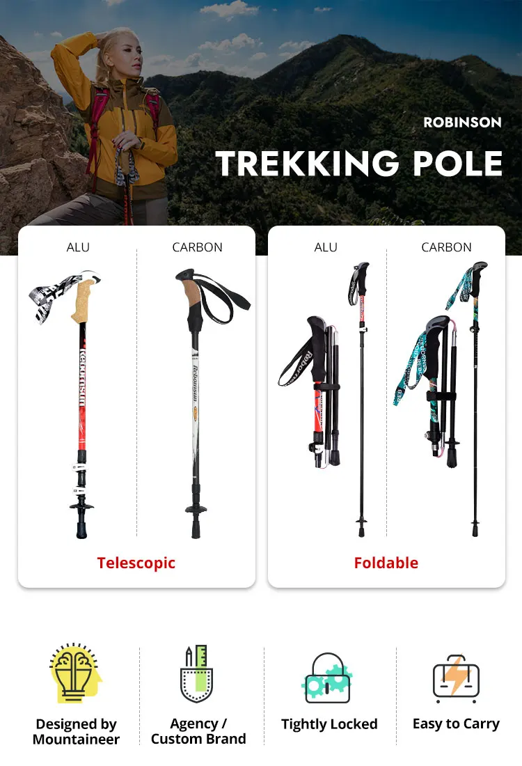 
Robinson trekking light weight high strength carbon fiber walking stick trekking poles Lucian series 