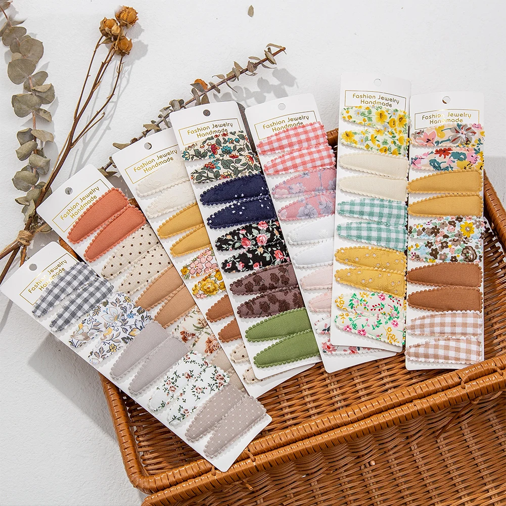 10Pcs/Lot Ins 6cm Flower Print Cotton Alloy Hair Bow Snap Clips Set Fabric Plaid Hair Clips and Pins