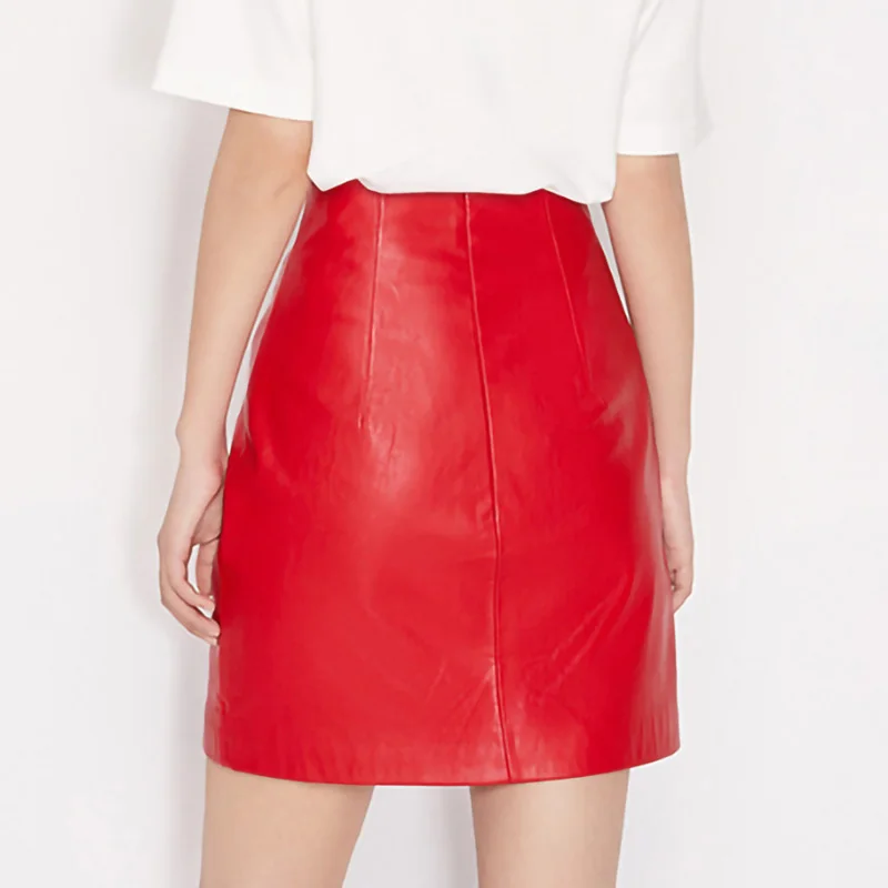 New Fashion Black Red High Waist Genuine Sheepskin Leather Skirt for Women