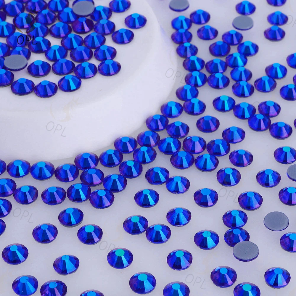 OPL Sapphire AB Factory Wholesale Crystal Multicolor Hot fix Rhinestone SS6 SS10 SS16 SS20 SS30 Making For Rhinestone Dress