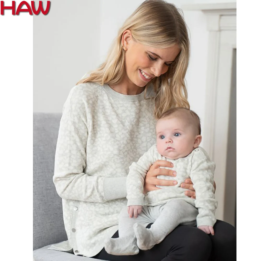 100% BCI Cotton Maternity Long Sleeves With Buttons For Pregnant Nurse Women Pullover Leopard Sweater