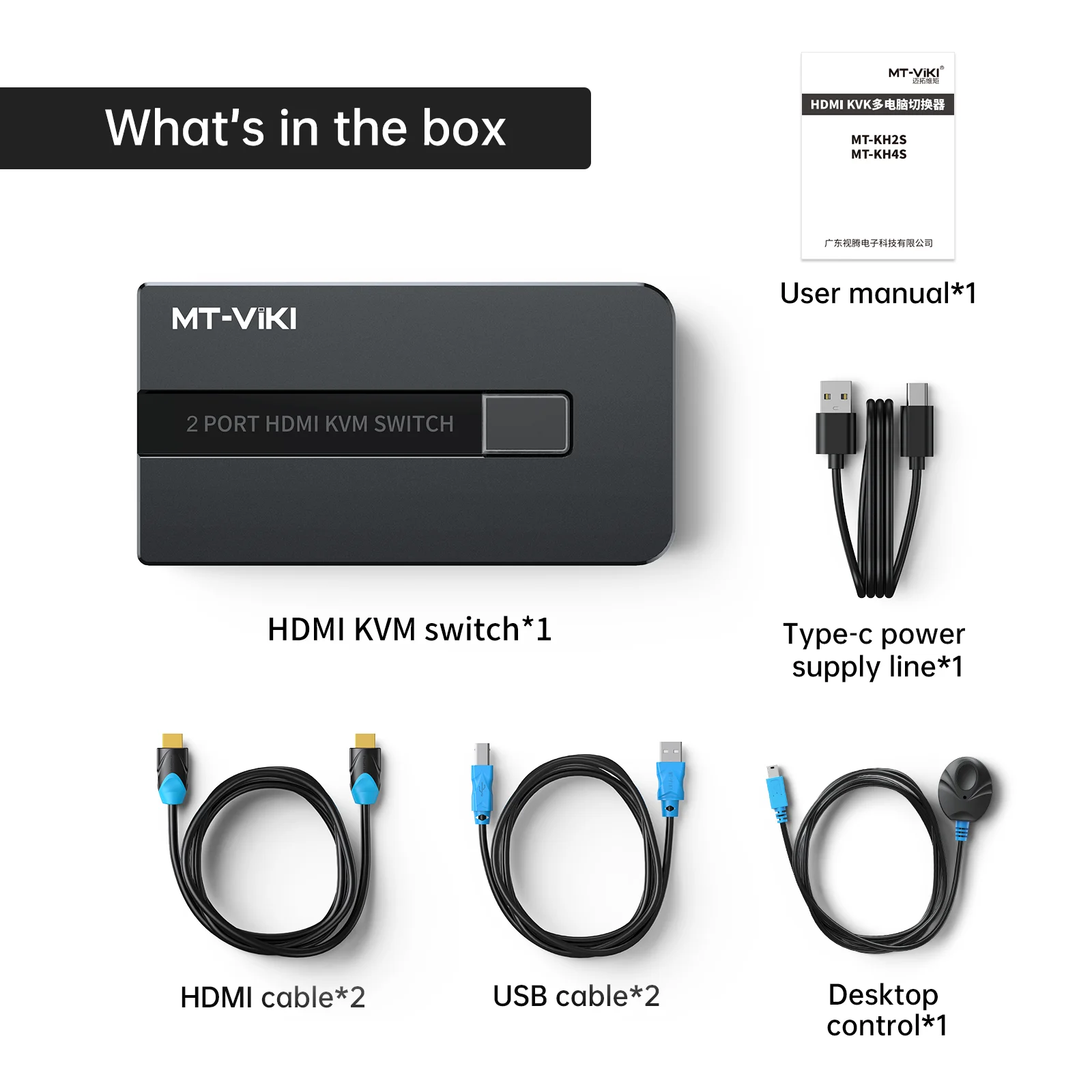 4K 30Hz HDMI KVM Switch 2 port + 2 Cables, MT-VIKI 2 Computer 1 Monitor 2 Port KVM Switch HDMI 2 in 1 out with Desktop Control