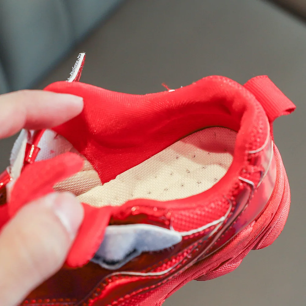 China manufacturer leather mesh pu wedge high heel red kids casual shoe glitter sneakers