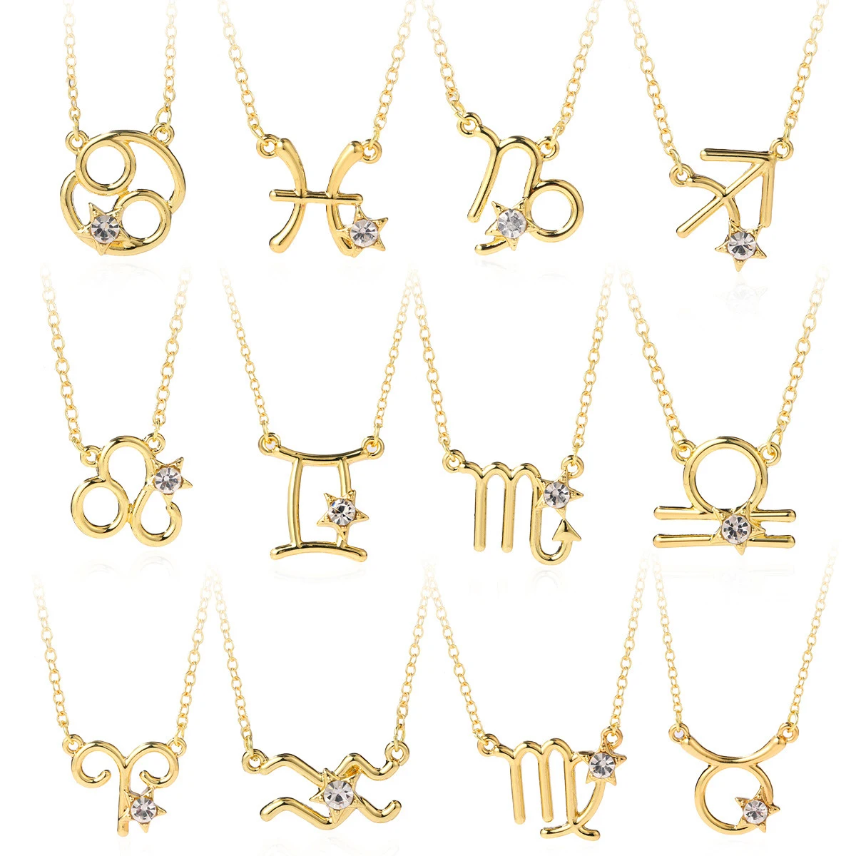 Fashion Female Elegant Gold Plated Charm Zircon Horoscope Pendant Women Astrology 12 Zodiac Sign Necklace Jewelry With Card