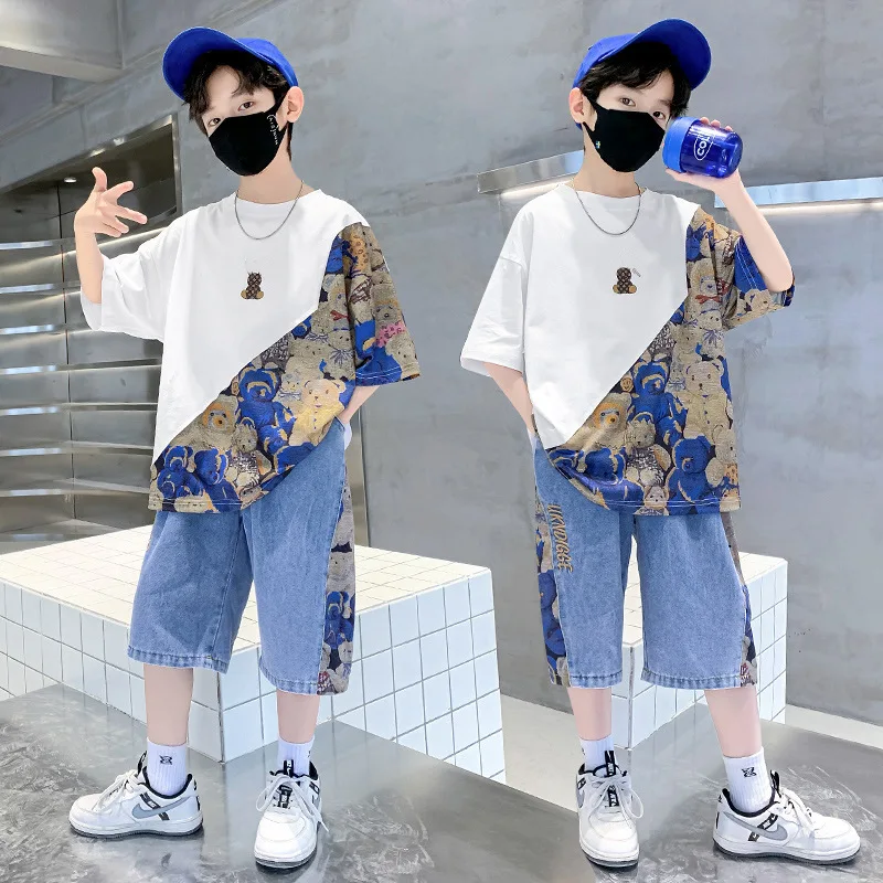 Summer Fashion Clothing Sets 2pcs Short Sleeves T-shirt and Jeans Shorts Suit for 13-14 Years Old Teen Child Kids Boys