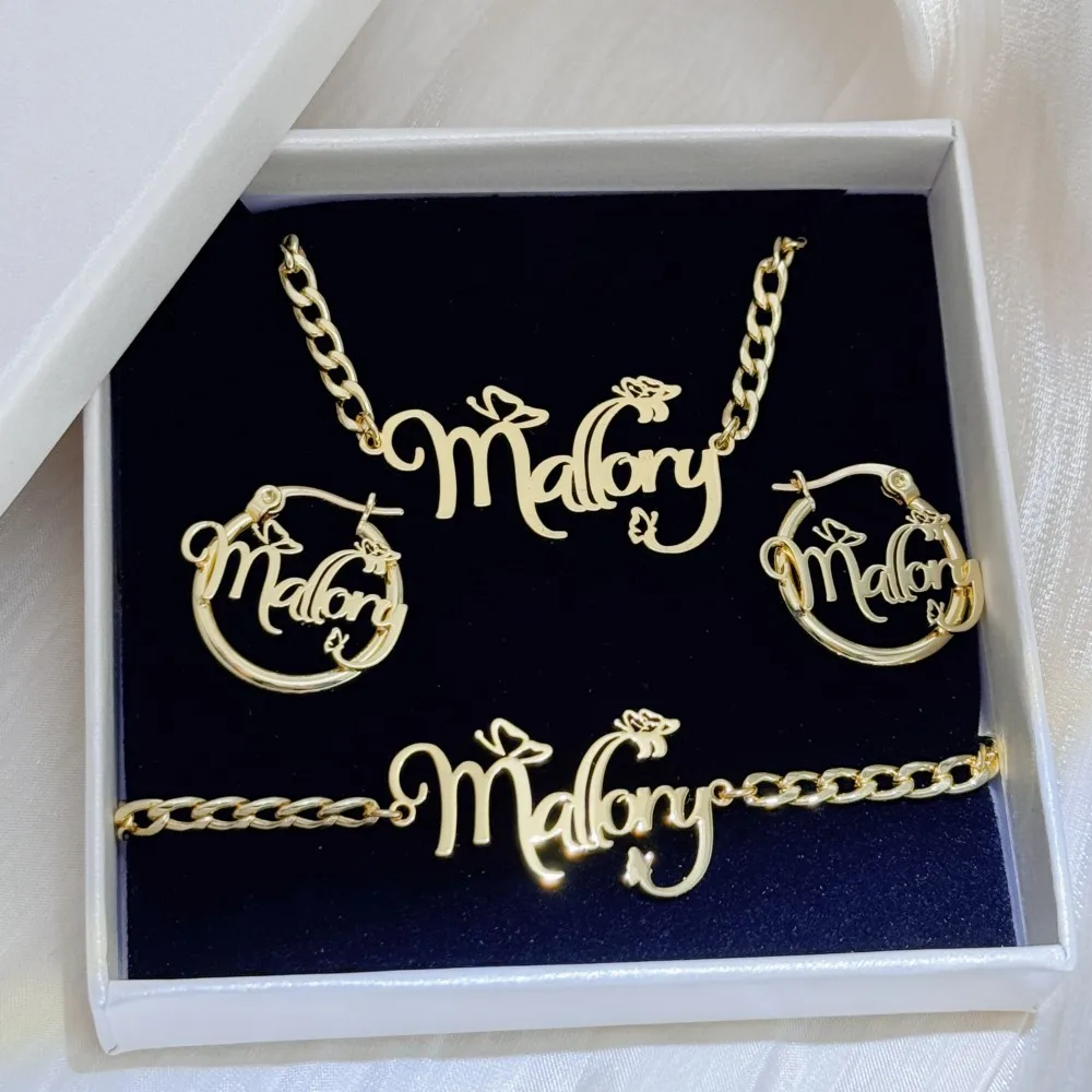 QIUHAN 3pcs Nameplate 20mm Hoop Earrings Letter Bracelet Jewelry Gift Kids Butterfly Custom Name Set