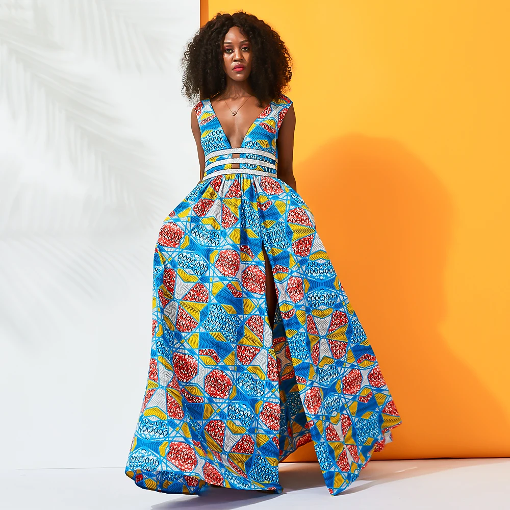 Brand Design Hot sale African Printed Deep V Sleeveless Evening Dress With Slit Dress
