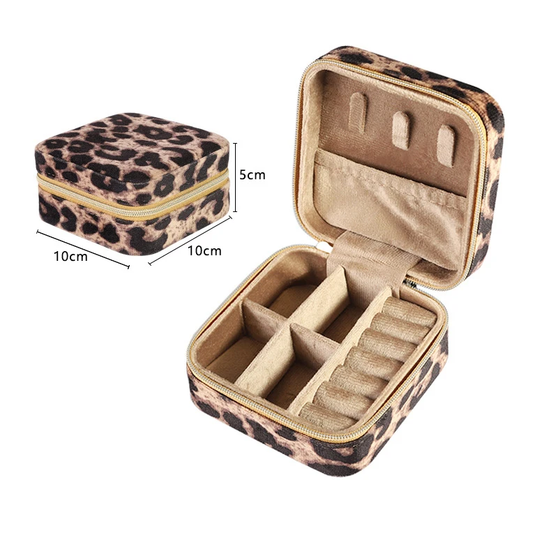 Wholesale Portable Bracelet Earrings Gift Jewelry Box Organizer Leopard Cow Pattern Velvet Zipper Travel Jewelry Box With Mirror