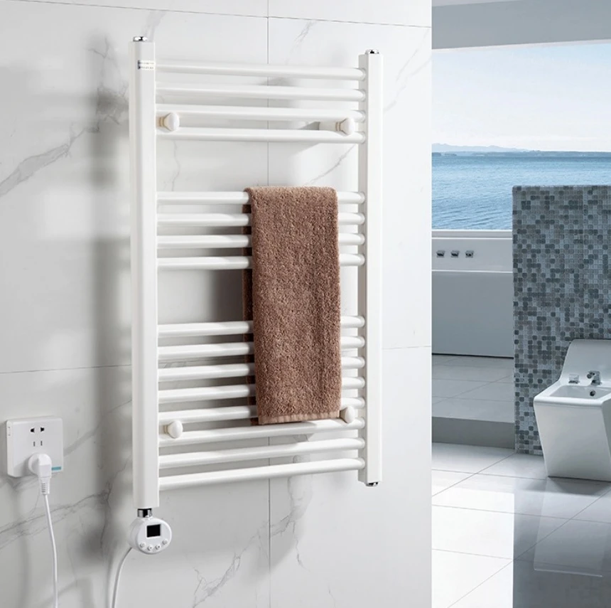 Towel Warmer Rushed Nickel for Bathroom Wall Mounted Drying Rack Plug-in Electric Heated Towel Rack Stainless Steel Round