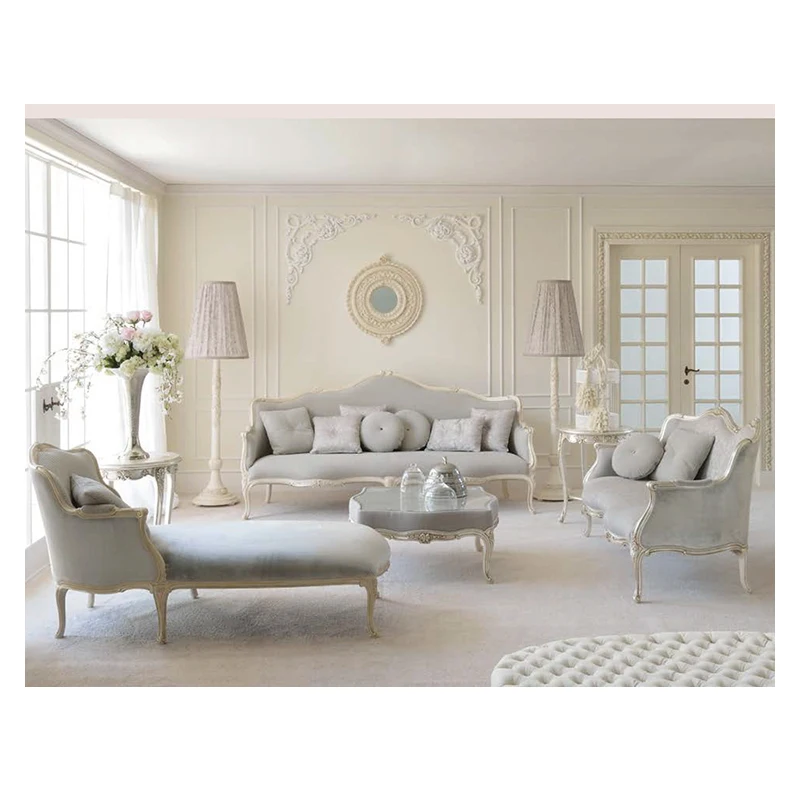 High end customized french fairy princess  feel cream white gold leaf sofa set  antique living room art furniture set