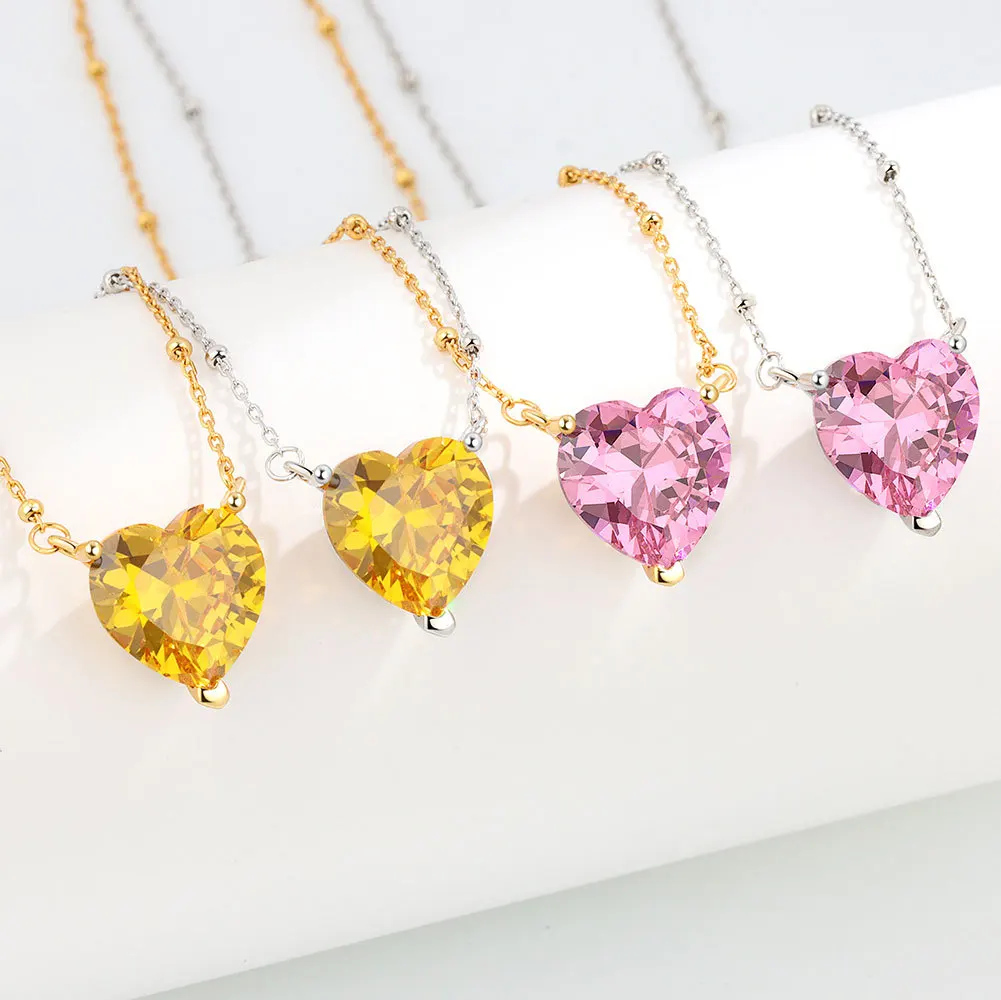 SPJ Sparkling S925 Silver Chain Diamond Pendant Necklace 5A CZ Zirconia Love Pink Yellow Heart-Shaped Women Bridal Jewelry