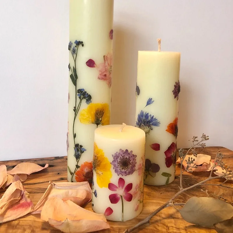 Huaming Luxury Romantic Pink Purple Flower Organic Wax Pillar Candle Set Wedding Long Burning Mixed Size Pillar Candles Scented