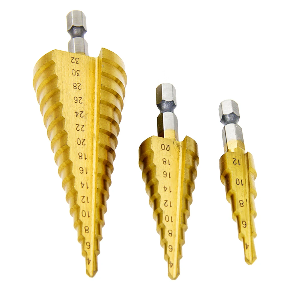 
Free Shipping 4-12/20/32 Titanium Coated Cone Drilling Power Tools for Metal High Speed Steel Wood Hole Cutter Step Drill Bit 