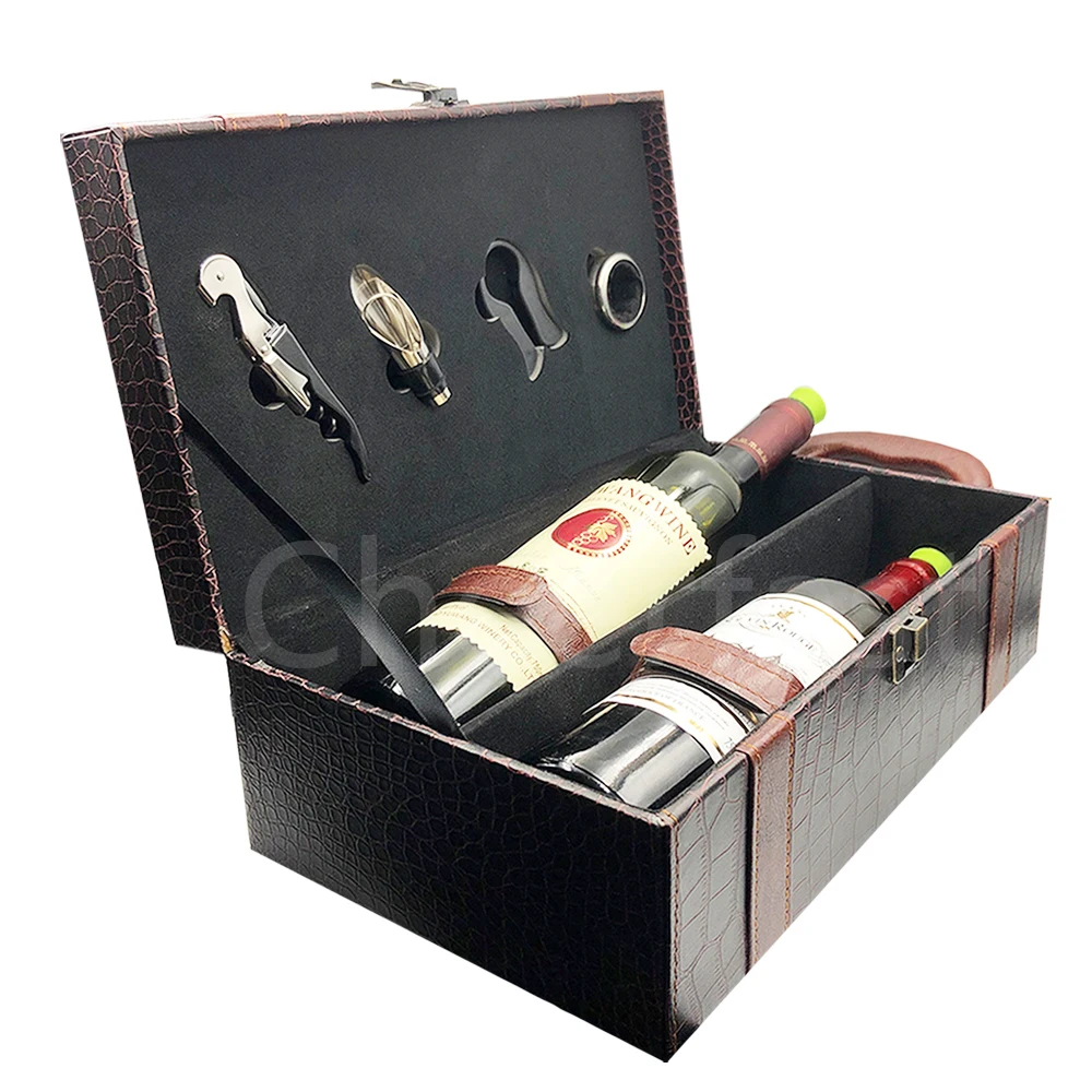 Custom 2 Bottle Leatherette Top Handle Included 4pcs Tools Travel Wine Gift Box Pu Leather Double Bottle Wine Packing Box