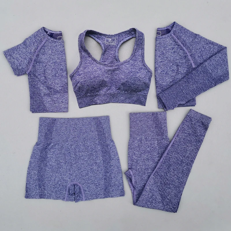 
5pcs women vital seamless yoga set workout sport wear gym clothing short long sleeve crop top high waist leggings sports suit 