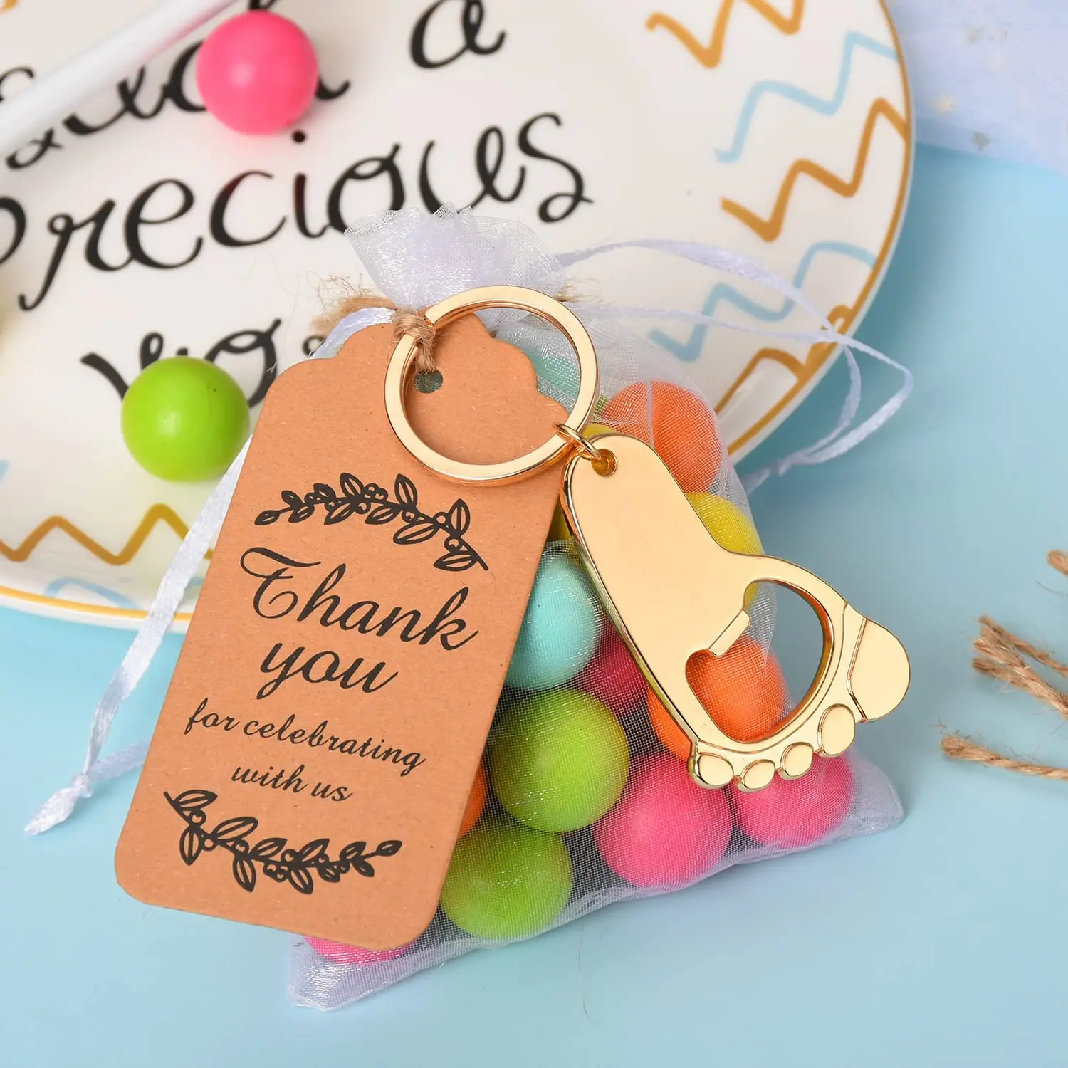 Golden Footprint Key chain Bottle Opener Baby Shower Favors Souvenirs with Organza Bags and Thank You Tag