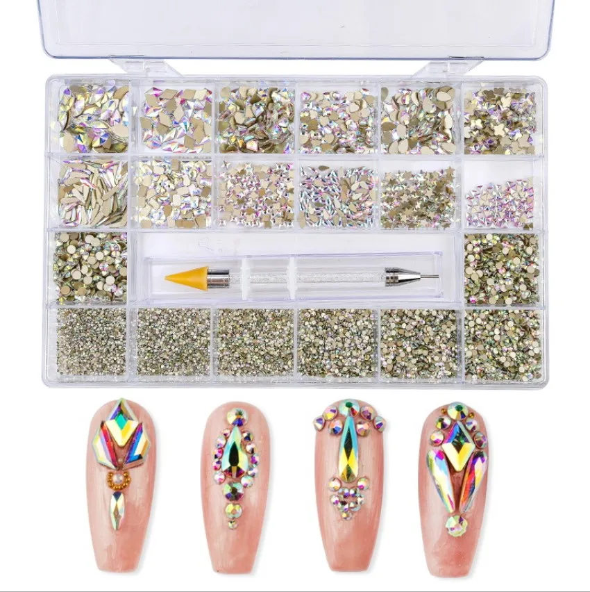 2021 nail art Hot Crystal AB Rainbow Nail Art Mix Shape Fancy Shaped In Box Flat Bottom Glass nail rhinestone art decoration