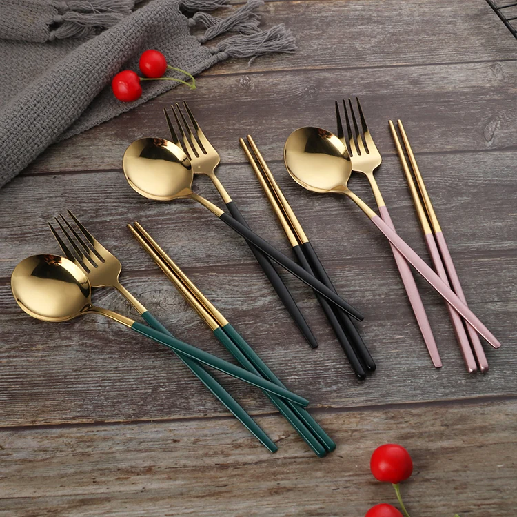 Wholesale korean chopsticks and spoon set black handle cutlery set stainless steel fork spoon chopsticks set
