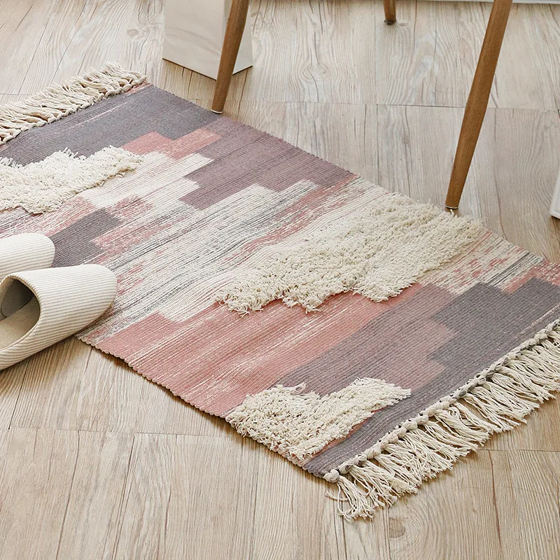 Boho Machine Washable Cotton Woven Tufted Area Rug with Tassels Moroccan Printed Bath Rug Indoor Doormats Entryway Rug