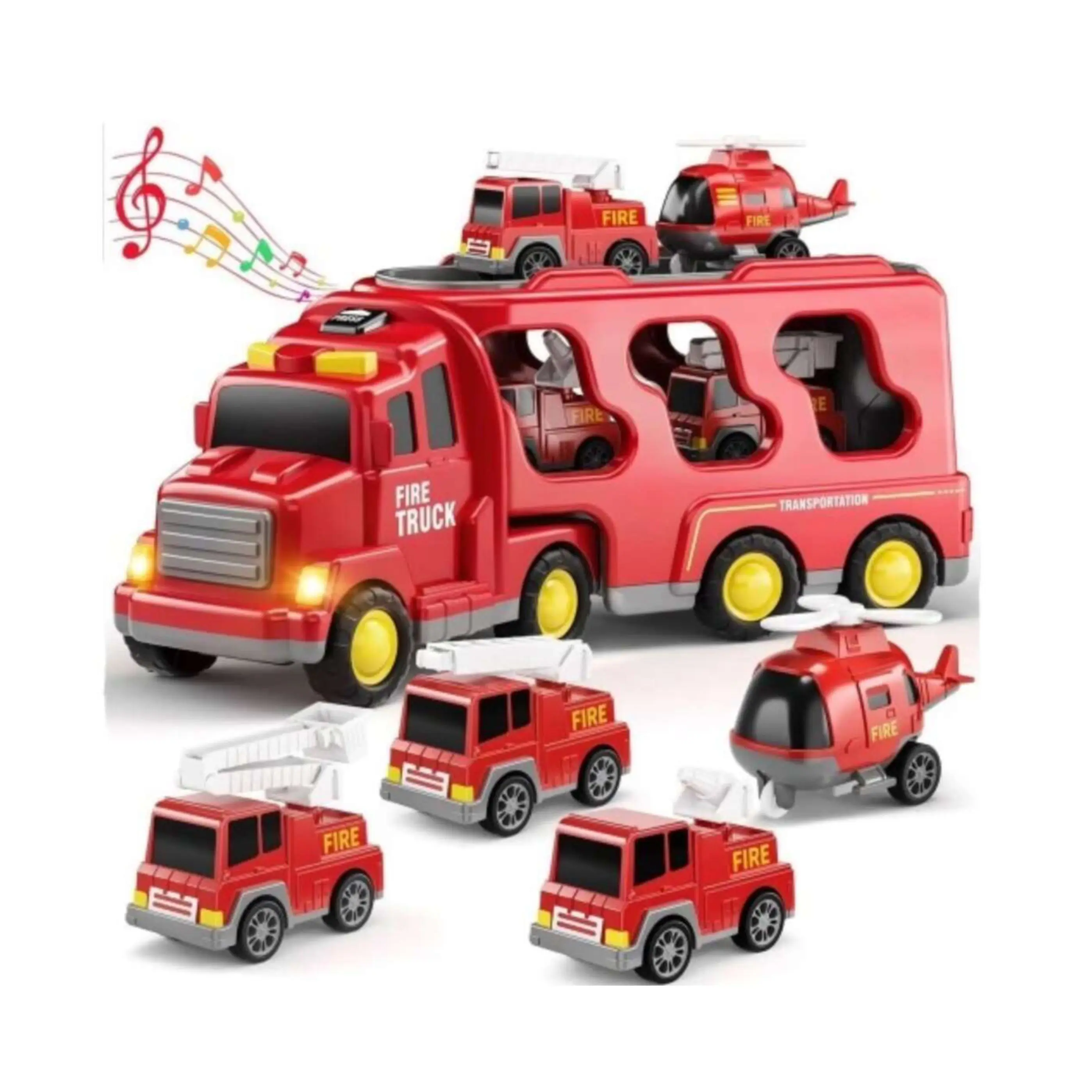 2024 Hot selling inertial lighting music transport car,  urban fire engineering toy car,5 in 1 storage double-decker truck