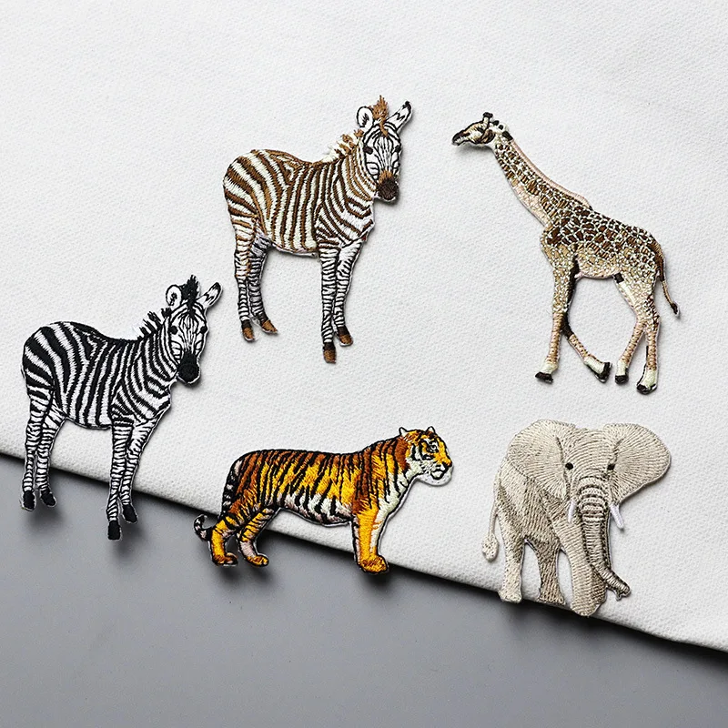 Tiger Elephant Giraffe zebra embroidery patches adhesive backing, hot melt adhesive tape press heat iron on patch for clothes