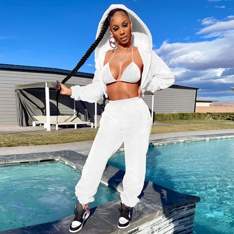 High quality women winter clothes plush Bra jacket high waist pants jogger sweatsuit sweatpants women sweat suit set