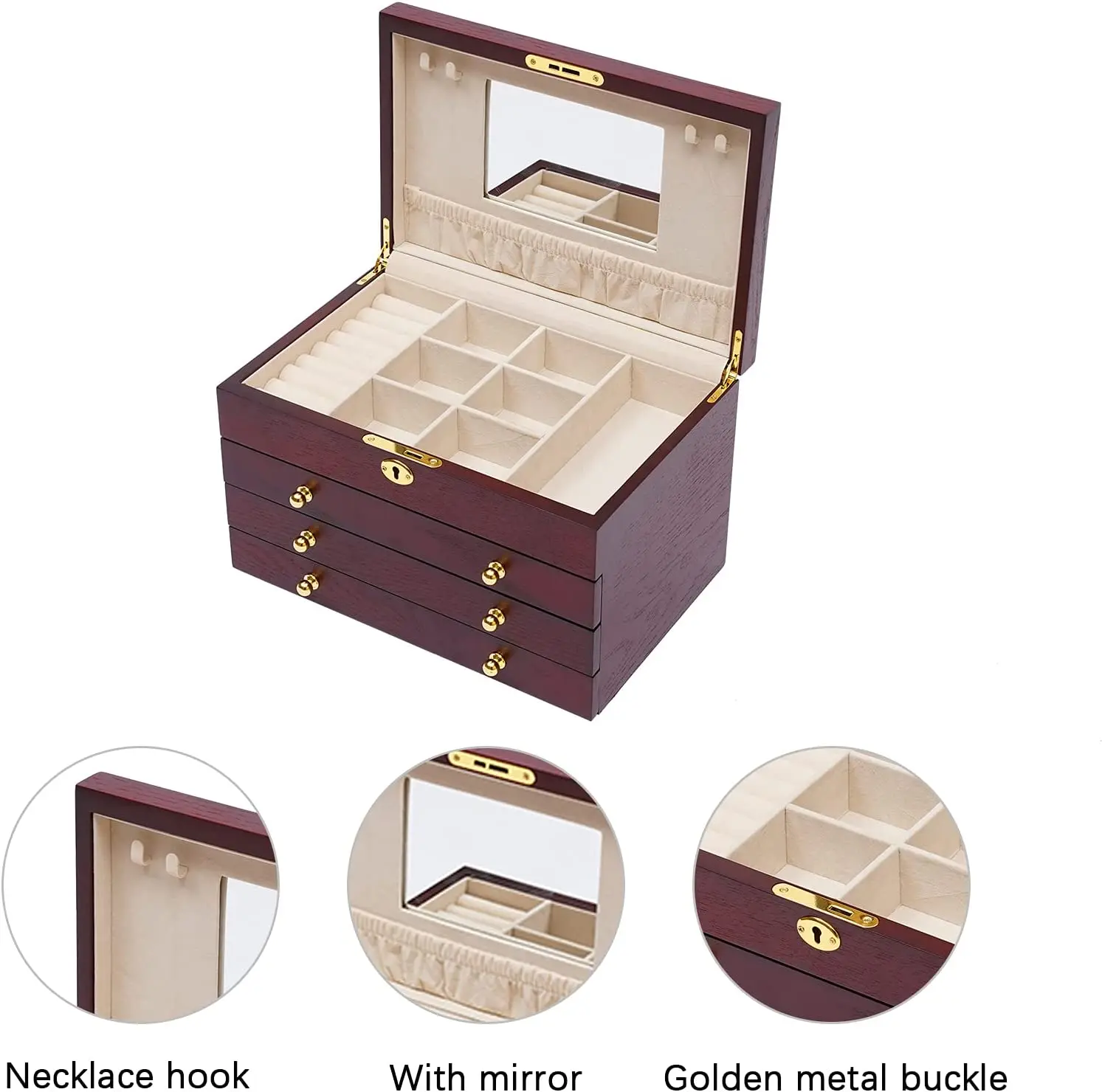 Деревянная шкатулка для ювелирных изделий винтажный органайзер хранения ожерелий и колец из массива дерева с зеркалом оптовая продажа