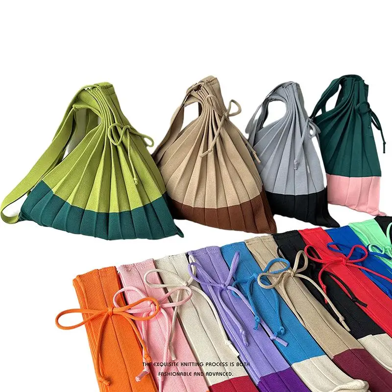 Korean Pleated Shopping bag fold design knitted shoulder handbag accordion bag female contrast color Large shoulder bag