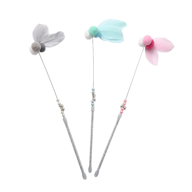 2023 Steel wire bell cat stick cute feather fairy stick spot interactive colored fur ball pet cat toys