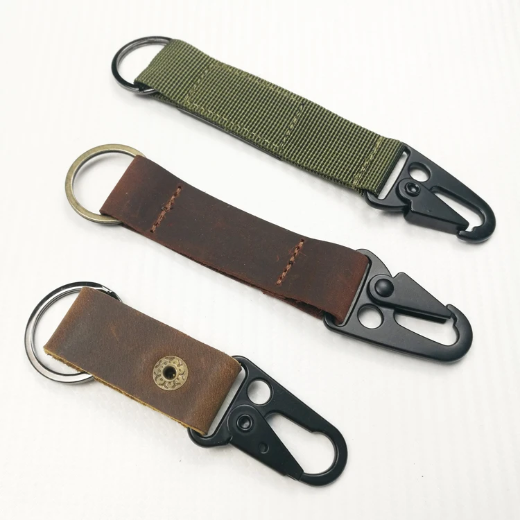 Promotional Custom Real Genuine Leather Tactical EDC Clip Keyring Fob Key Ring with Trigger Clip Hook