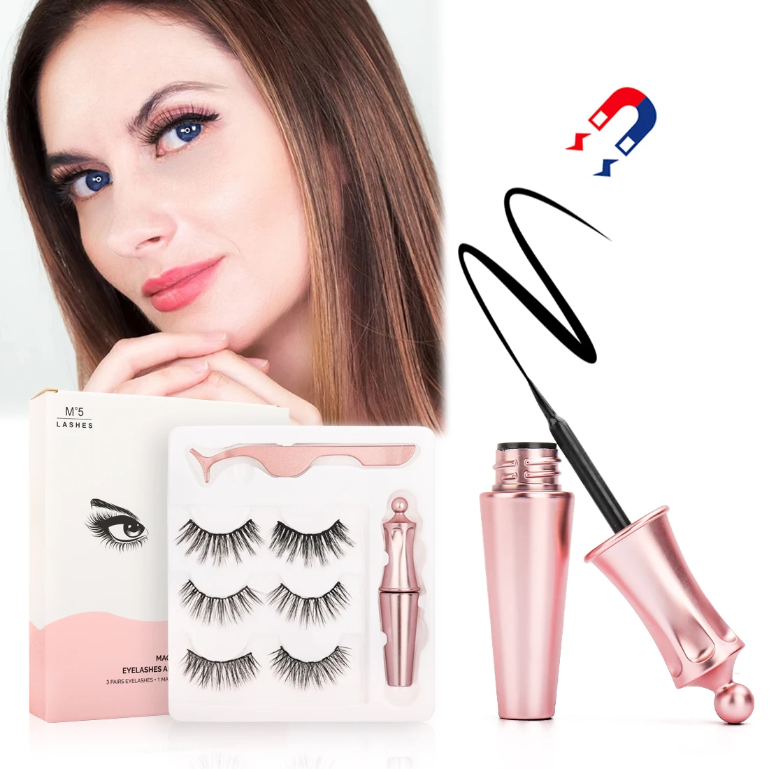 
3D Makeup Magnetic Eyelash Handmade Natural Long Magnetic eyeliner false Eyelash with Custom Packaging Box Acrylic Magnet Lashes 