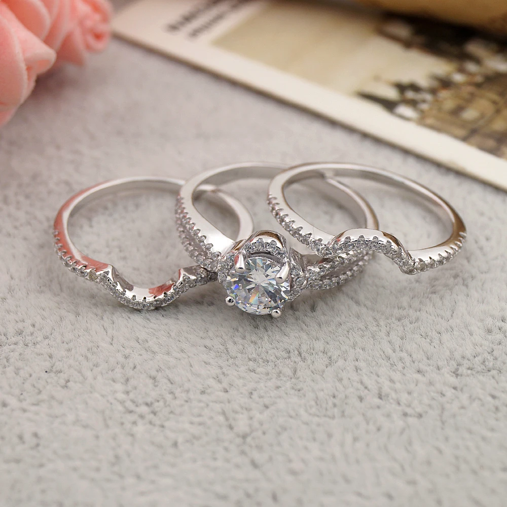 925 Sterling Silver 3 Pcs Cubic Zircon Bridal Finger Ring Ladies Set Wedding and Engagement Sets