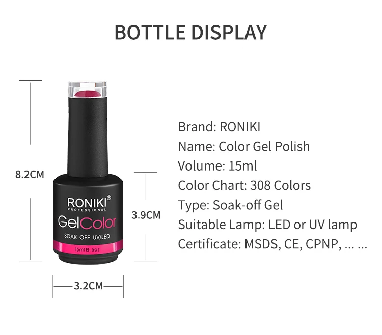 RONIKI 15ml Pure Glitter Gel Nail Polish 308 Colors Nail Gel Lasting Soak Off UV Gel Varnish