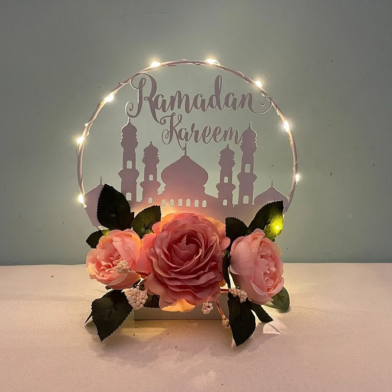 New Arrival Muslim Ramadan Decoration Light Eid Mubarak Iron Glass Artificial Flower EID Ramadan Kareem Decoration Table Light