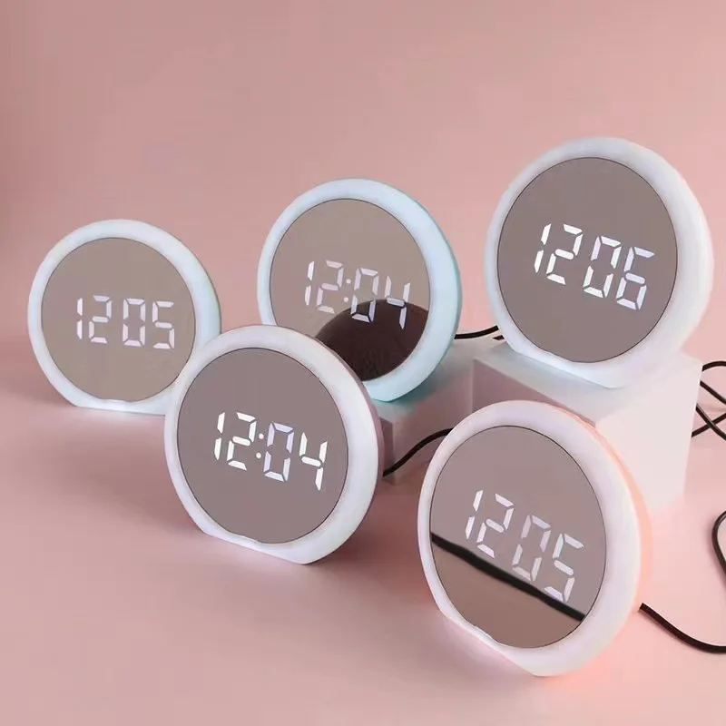 Funny electronic clock round Mirror surface rechargeable white LED time day of the week jumbo display home alarm clock