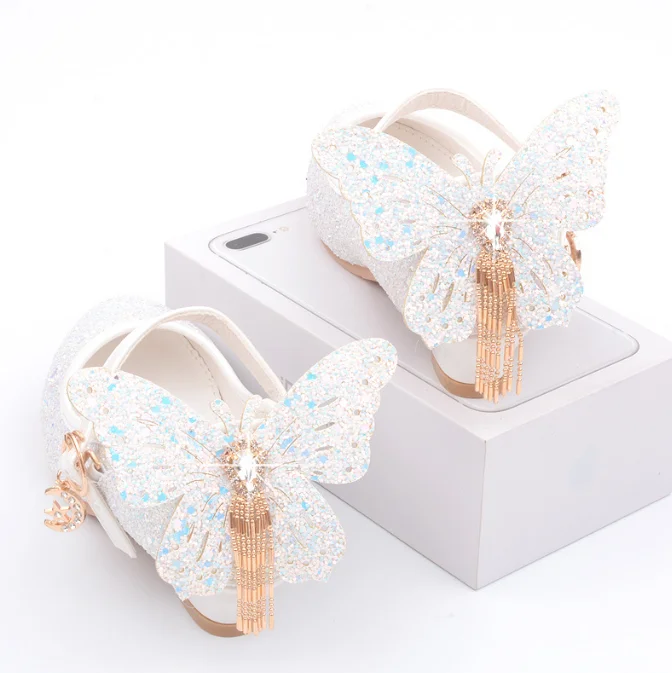Classic Butterfly Sequins Pu Leather Shoes For Girls High Heels Party Dance Kids Shoes Princess Children Wedding Shoes