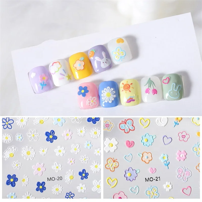 Hot sale 5D embossed cute flower nail art stickers adhesive diy rabbit nail decals decoration manicure