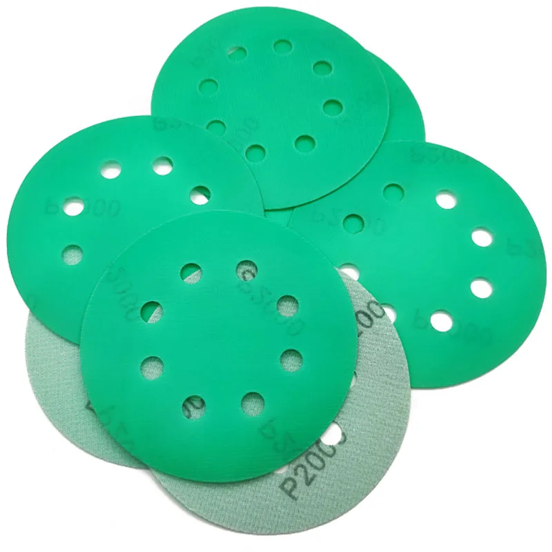 High Quality 5 Inch 8 Holes 125 mm Abrasive Sanding Disc Green Polyester Film Sandpaper for Sanding Backing Hook and Loop Pad