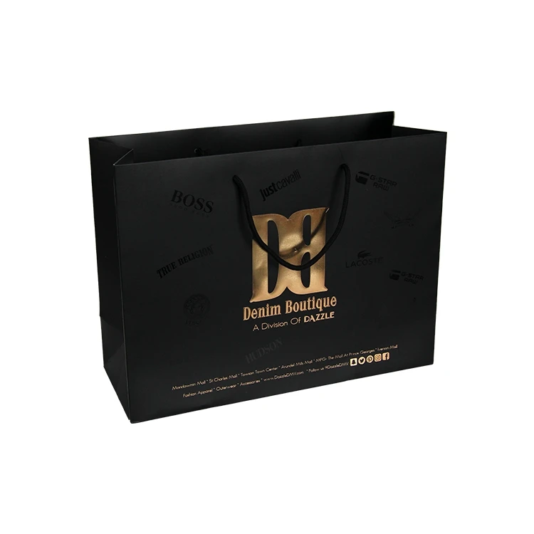 Luxury Custom Gold Hot Stamping Retail Shopping Gift Paperbag Packaging Boutique Bags Matte Black Paper Bag With Your Own Logo