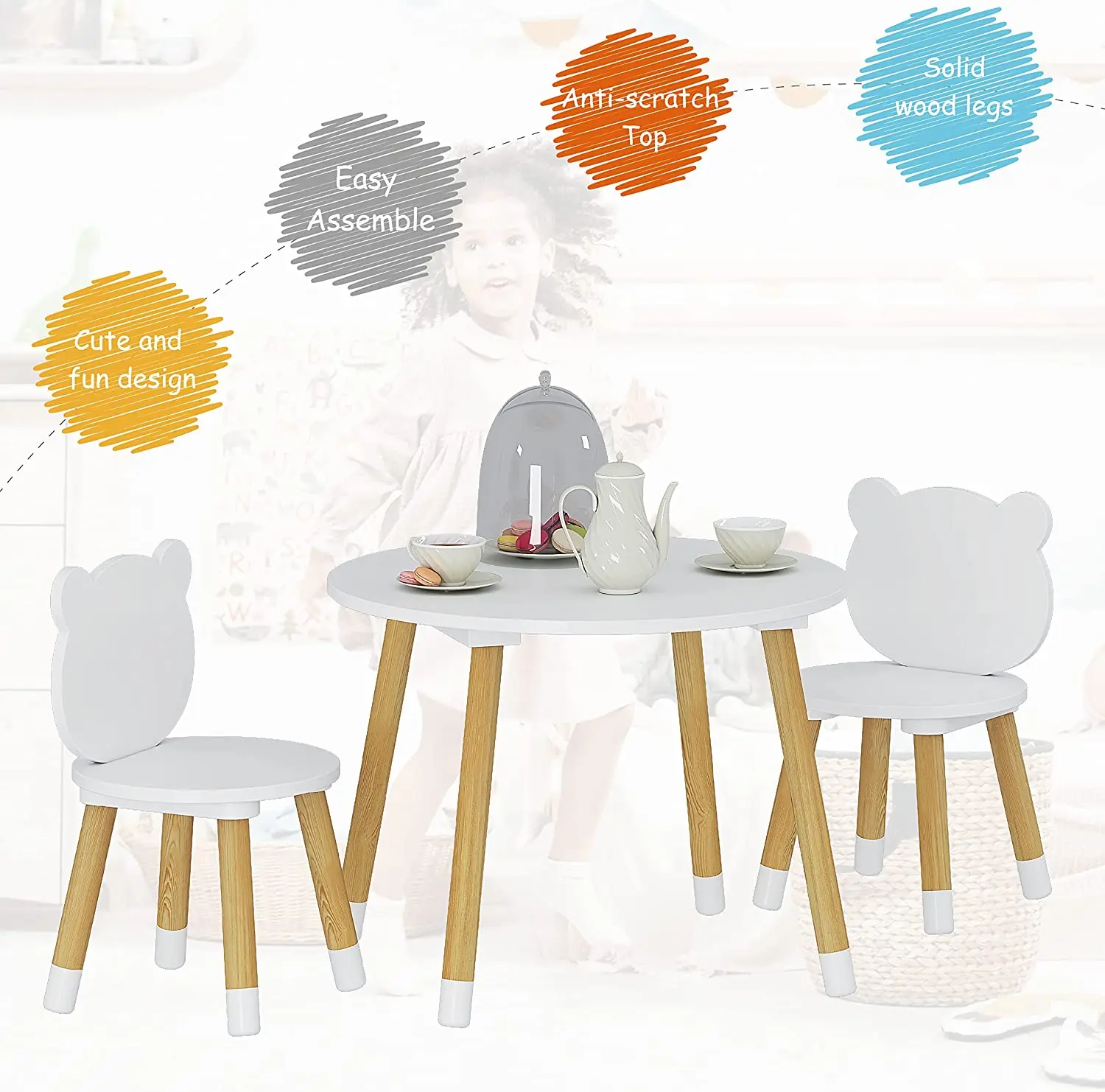Kids Wood Table and Chair Set Kids Play Table with 2 Chairs 3 Pieces Kids Round Table for Toddlers Girls Boys White