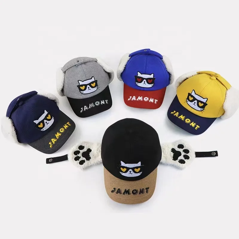 С ушами для девочек протекторы ins для мальчиков и детские зимние шапки, кепка с козырьком; В Корейском стиле; Сезон осень детский спортивный костюм для бейсбола, кепка с рисунком кота милые теплые спортивные костюмы