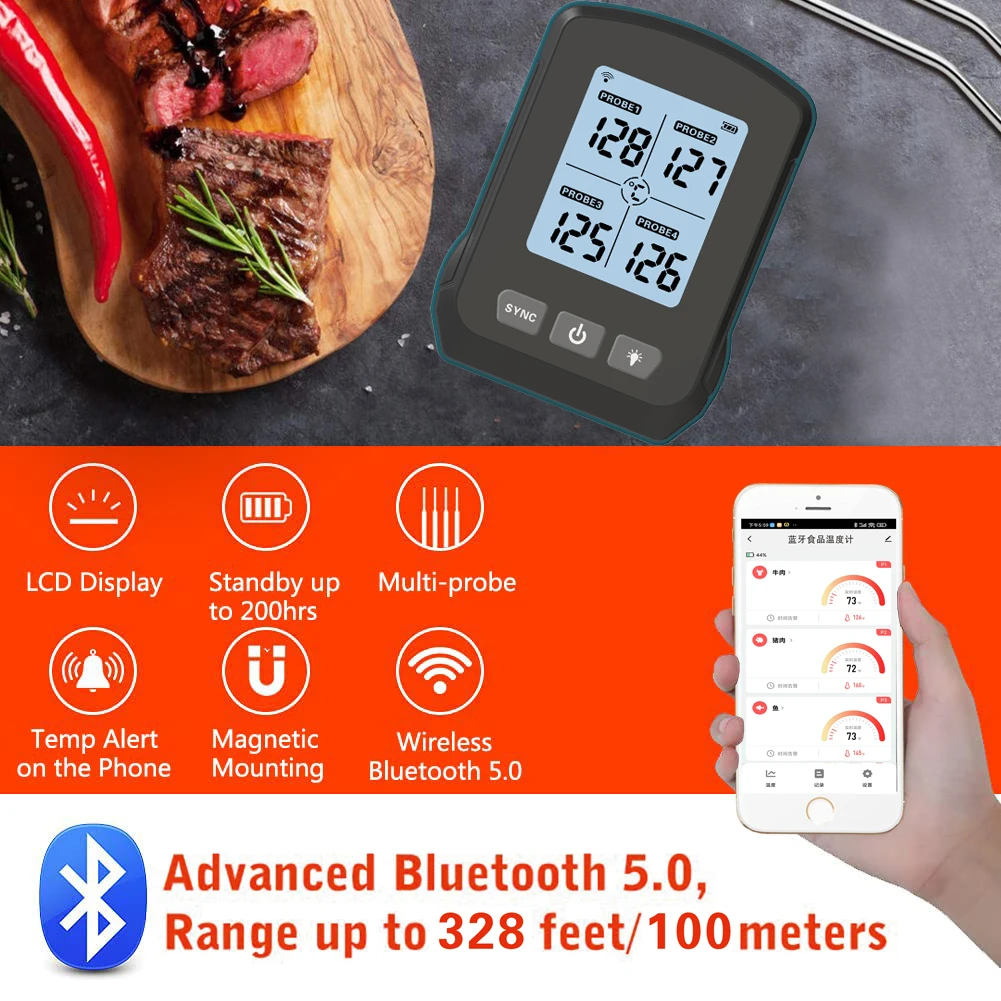 Rechargeable Wireless 4 Probes WiFi Digital BBQ Smoker Oven Kitchen Meat Grill Thermometer