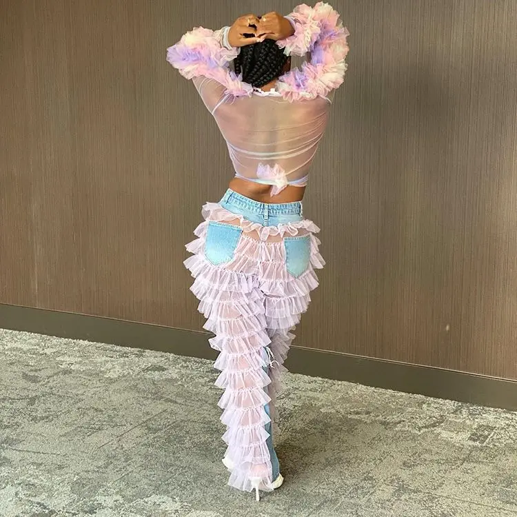 2021 Mesh Ruffles Denim Women Streetwear Straight Ripped Jeans Trousers High Waist Lady Fringe Denim Jeans
