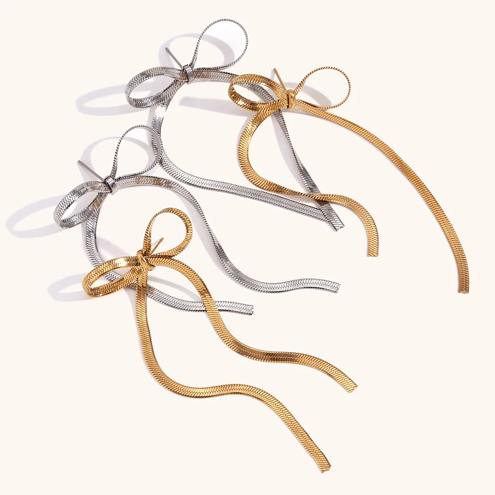 Baoyan 18K Gold PVD Plated Waterproof Stainless Steel Snake Link Chain Long Tassel Bow-knot Bow Earrings Jewelry For Women