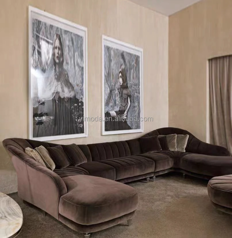 Minimalist Arc U shape Design Luxury Sofa Set Modern Brown velvet U shape Couches Salon Store Round Curved Sofa With Metal Base