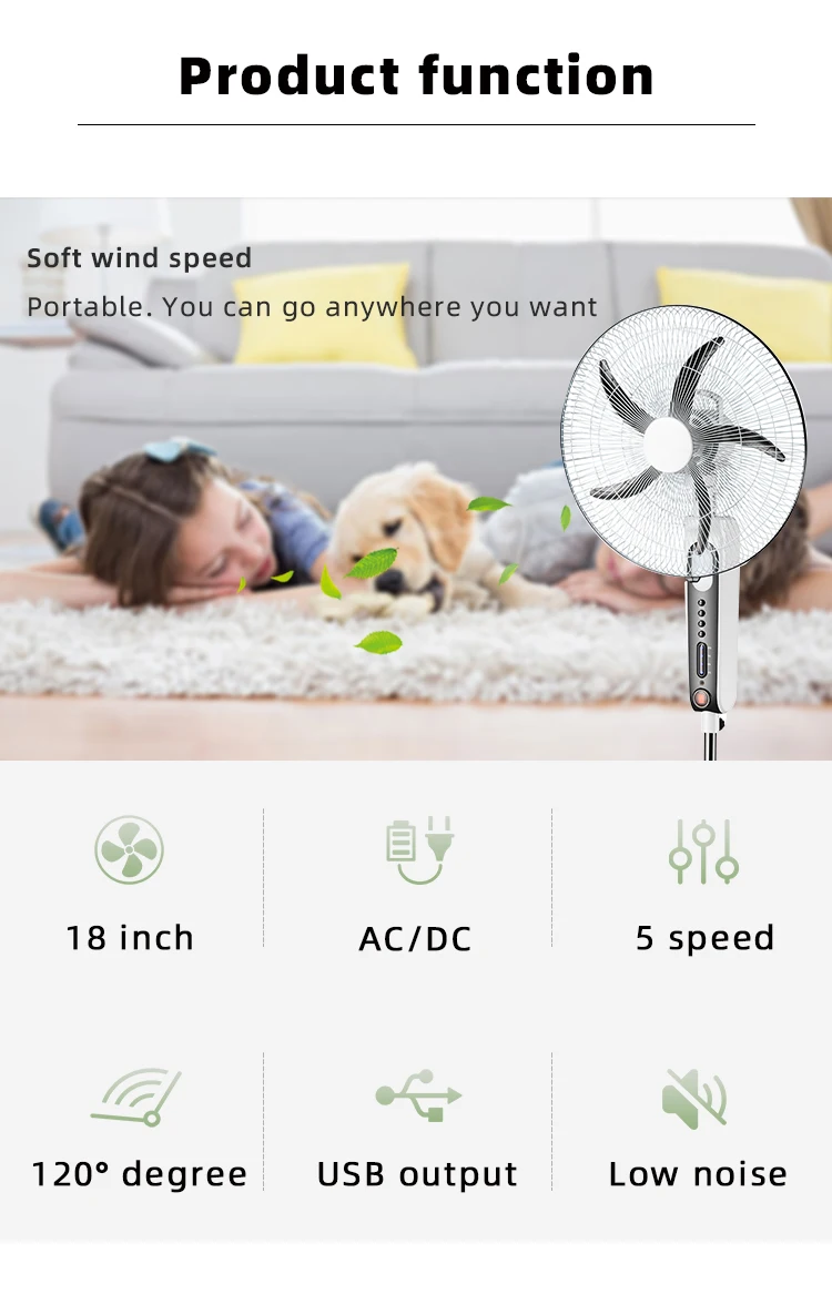 Solar DC/USB/AC Standing Fan 18 inch 5-speed LED Floor Fan household/RV/outdoor